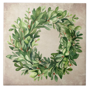 Rustic Boxwood Wreath Berries Watercolor Farmhouse Ceramic Tile