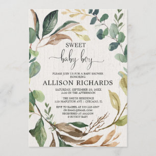 Rustic boy baby shower, woodland greenery invitation