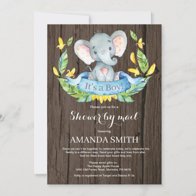 Rustic Boy Elephant Baby Shower by Mail Invitation (Front)
