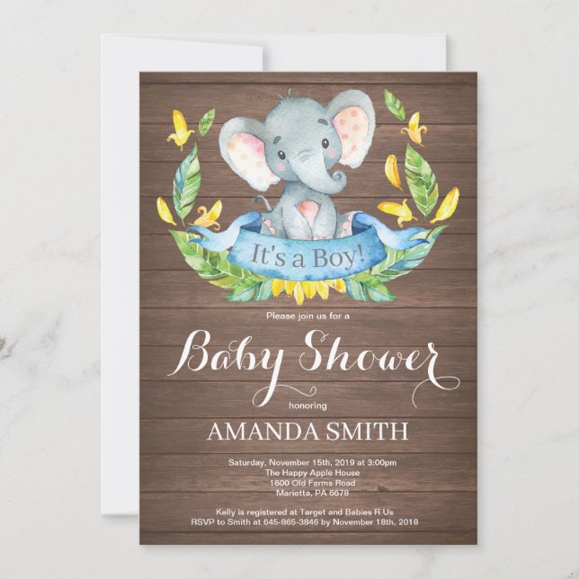 Rustic Boy Elephant Baby Shower Invitation (Front)