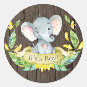 Rustic Boy Elephant Baby Shower Yellow Classic Round Sticker