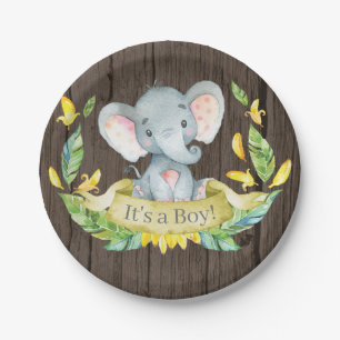Rustic Boy Elephant Baby Shower Yellow Paper Plate