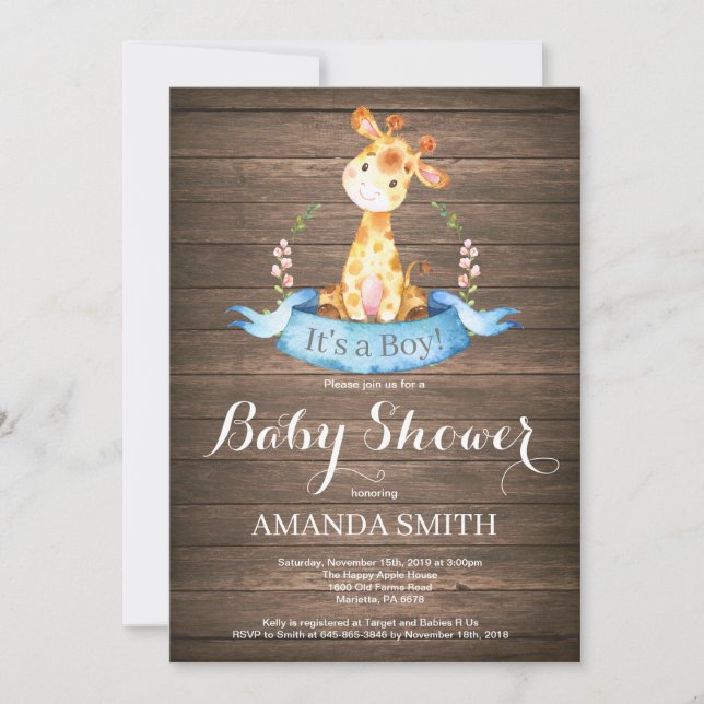 Rustic Boy Giraffe Baby Shower Invitation (Front)
