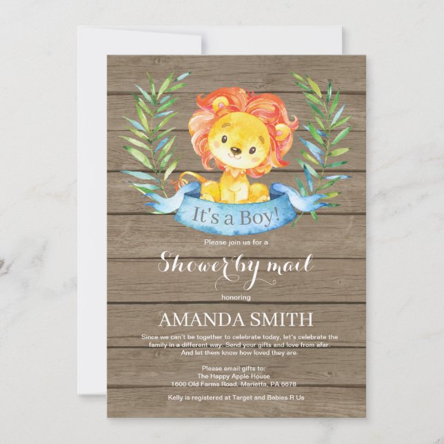 Rustic Boy Lion Baby Shower by Mail Invitation (Front)