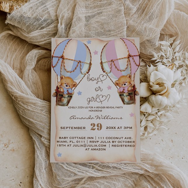 Rustic Boy or girl pink blue bear gender reveal Invitation (Creator Uploaded)