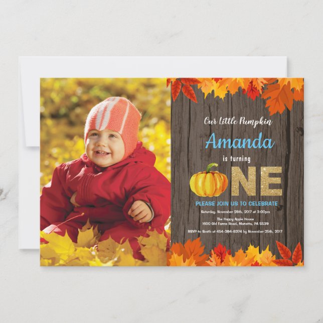 Rustic Boy Pumpkin Fall Birthday Invitation Gold (Front)