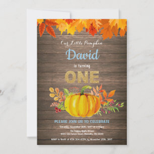 Rustic Boy Pumpkin Fall First Birthday Gold Invitation