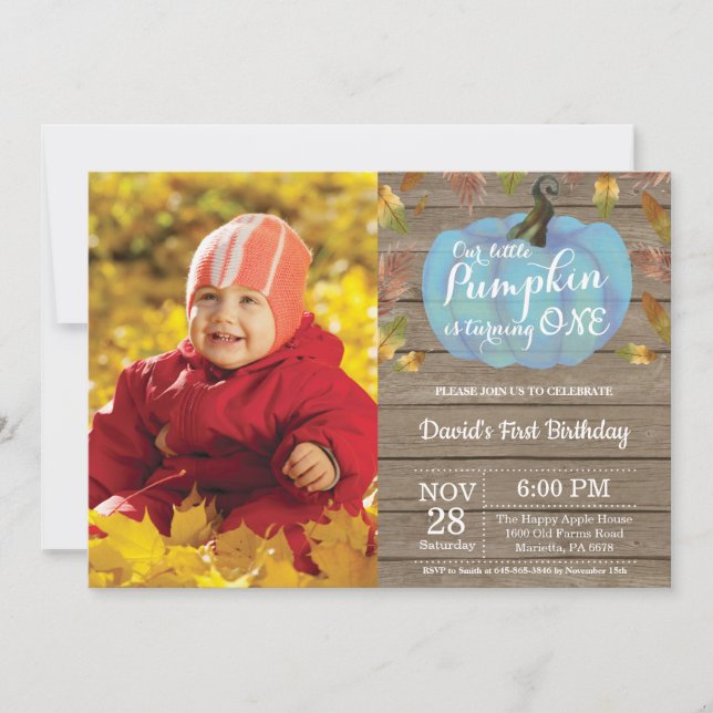 Rustic Boy Pumpkin First Birthday Invitation Blue (Front)