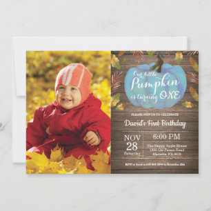 Rustic Boy Pumpkin First Birthday Invitation Blue