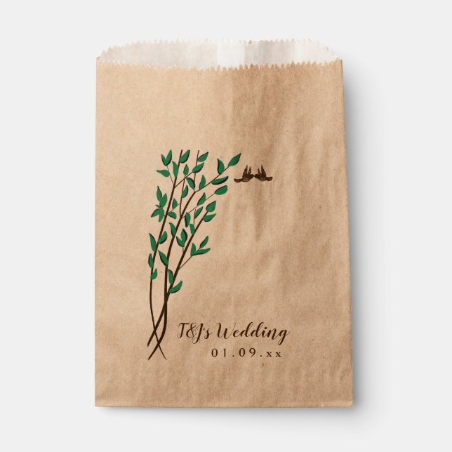 Rustic Branches and Greenery Love Birds Wedding Favour Bag (Front)