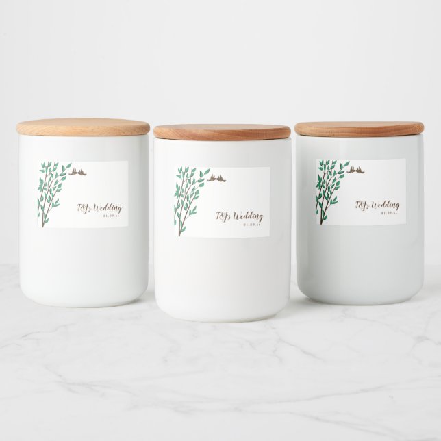 Rustic Branches and Greenery Love Birds Wedding Food Label (Bottles)