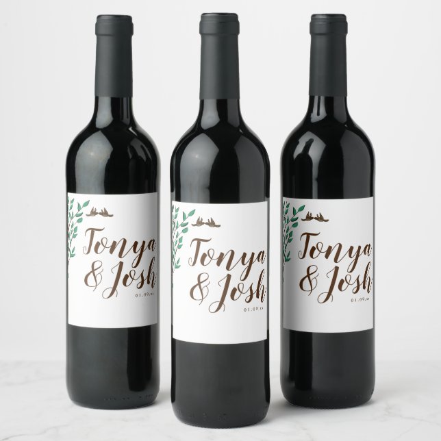 Rustic Branches and Greenery Love Birds Wedding Wine Label (Bottles)