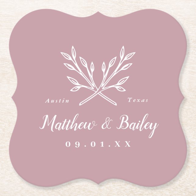 Rustic Branches Wedding Monogram | Mauve Paper Coaster (Front)