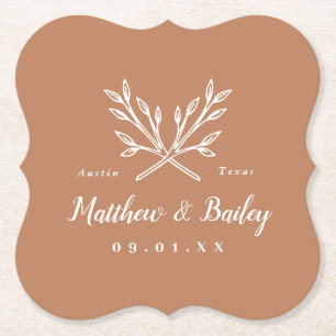 Rustic Branches Wedding Monogram   Terra Cotta Paper Coaster