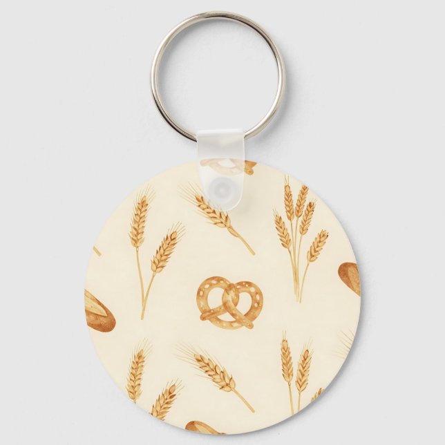 Rustic Bread & Wheat Seamless Pattern Key Ring (Front)