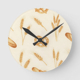 Rustic Bread & Wheat Seamless Pattern Round Clock