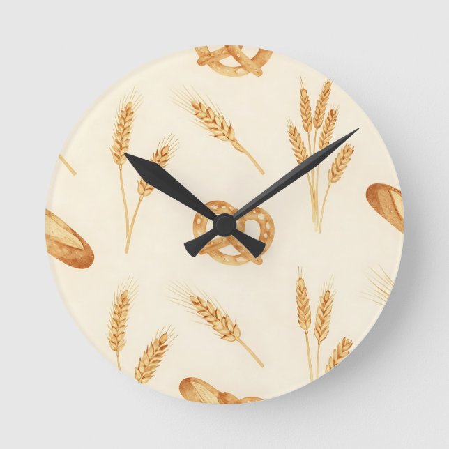 Rustic Bread & Wheat Seamless Pattern Round Clock (Front)