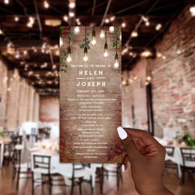 Rustic Brick Vintage Lightbulbs Wedding Program (Creator Uploaded)