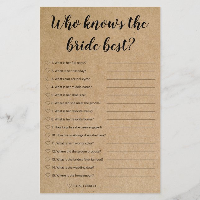 Rustic Bridal Game - Who Know The Bride Best (Front)