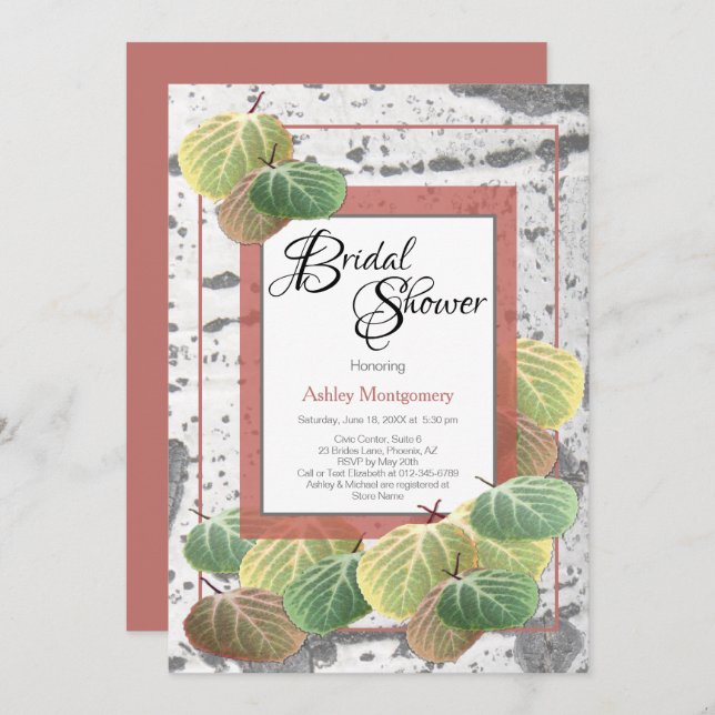 Rustic Bridal Shower Aspen Bark and Leaves Invitation (Front/Back)