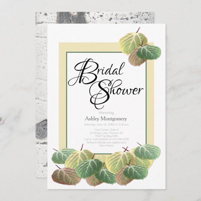 Rustic Bridal Shower Aspen Bark Leaves Yellow Invitation (Front/Back)