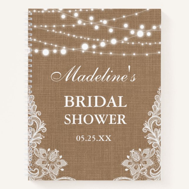 Rustic Bridal Shower Burlap Lace Lights Gift List Notebook (Front)