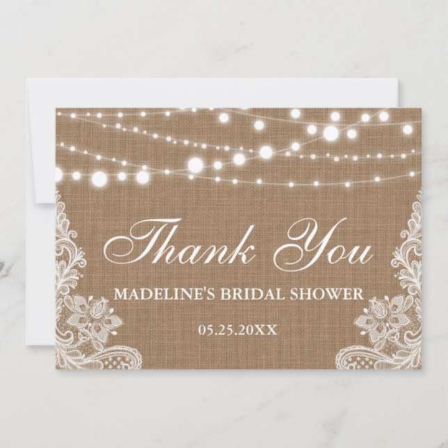 Rustic Bridal Shower Burlap Lights Lace Thank You Card (Front)