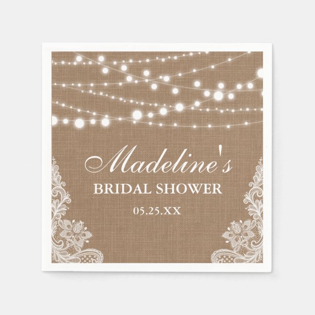 Rustic Bridal Shower Burlap String Lights Lace Napkin (Front)