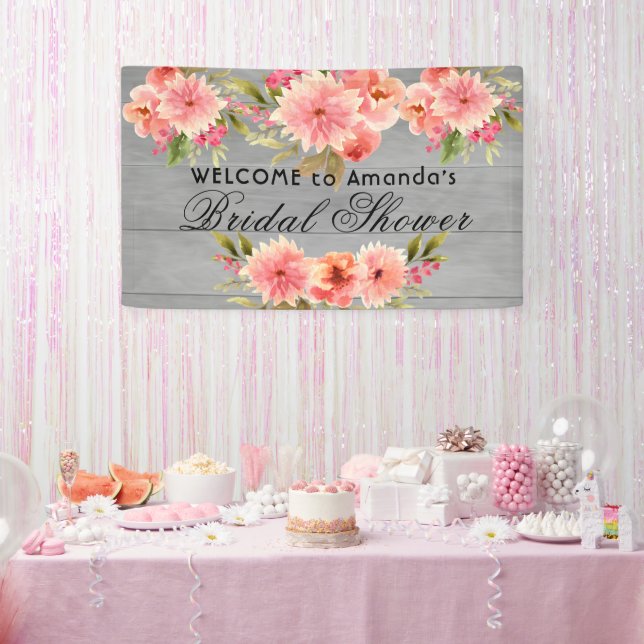 Rustic bridal shower coral dahlia flowers grey banner (Party)