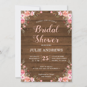 Rustic Bridal Shower Country Chic Pink Floral Wood Invitation