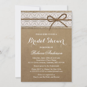 Rustic Bridal Shower Elegant Lace Burlap String Invitation