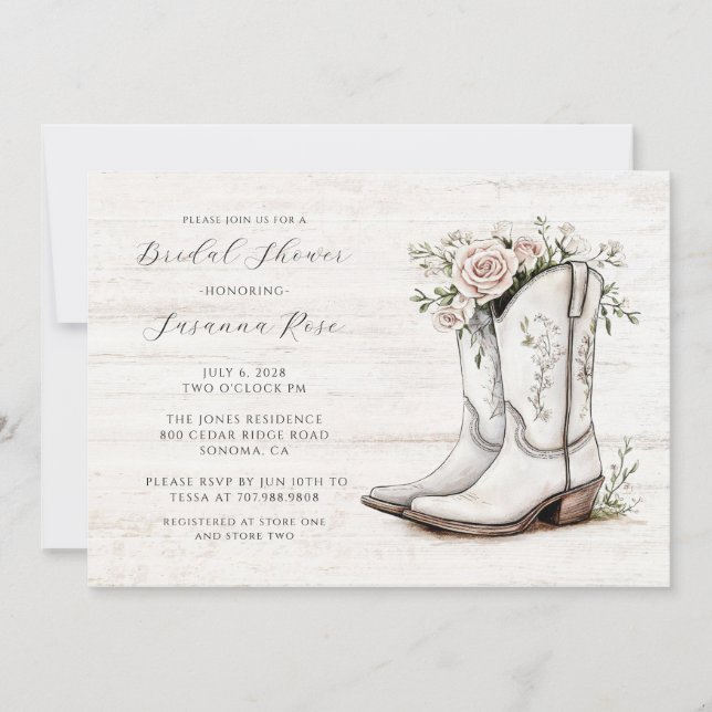 Rustic Bridal Shower Floral Cowgirl Boots  Invitation (Front)