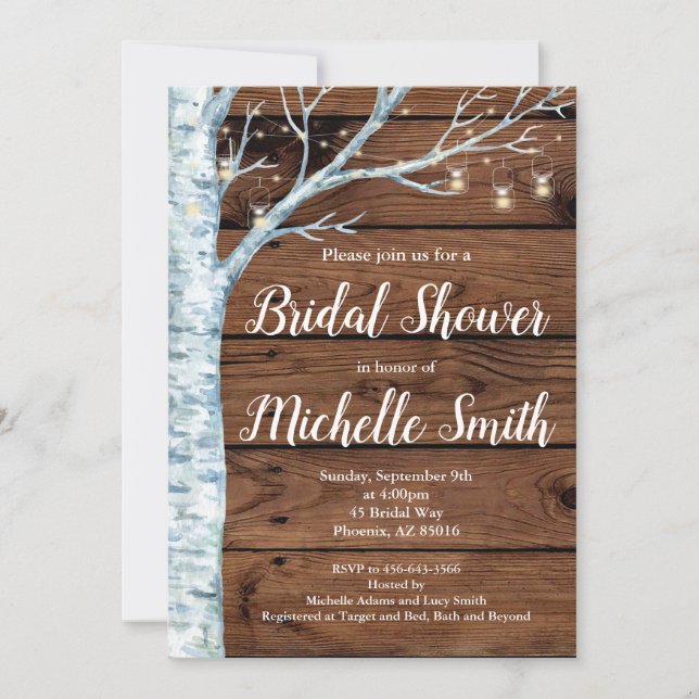 Rustic Bridal Shower Invitation, Birch Tree Wood Invitation (Front)