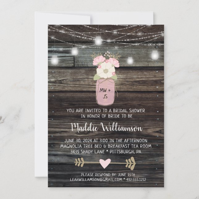 Rustic Bridal Shower Mason Jar Lights Boho Floral  Invitation (Front)
