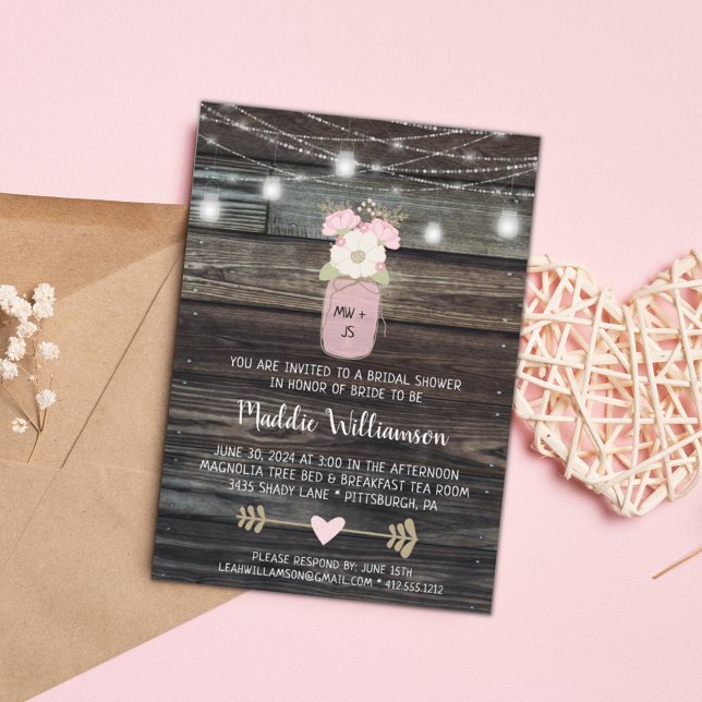 Rustic Bridal Shower Mason Jar Lights Boho Floral  Invitation (Creator Uploaded)