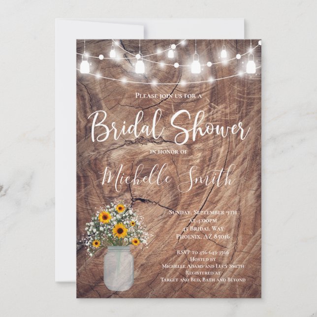 Rustic Bridal Shower, Mason Jar, Sunflower Jar Invitation (Front)