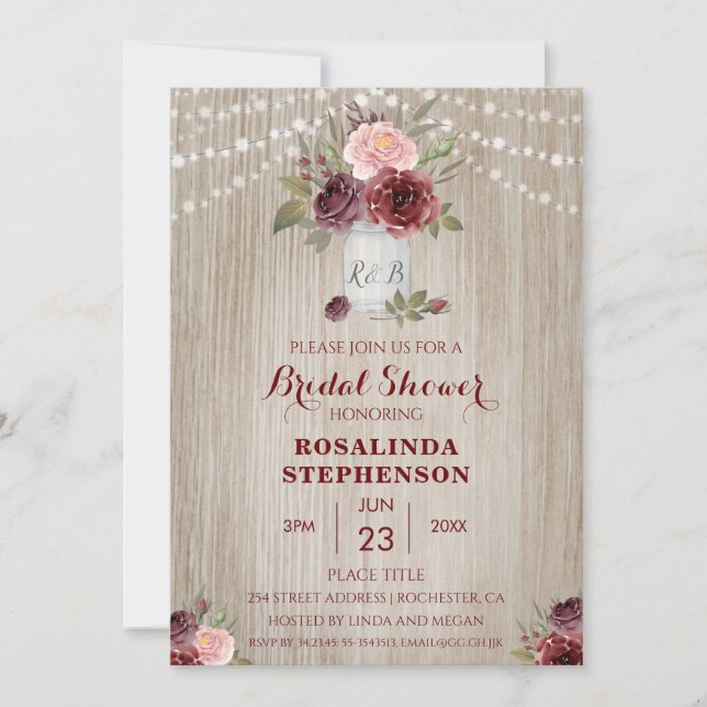 Rustic Bridal Shower Red Floral Wood Background Invitation (Front)