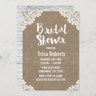 Rustic Bridal Shower Vintage White Laced Burlap Invitation
