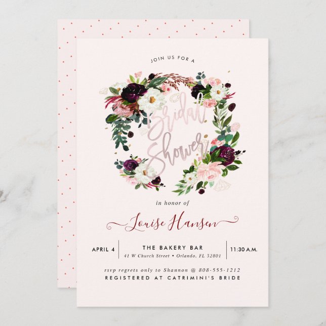 Rustic Bridal Shower, Watercolor Burgundy Wreath Invitation (Front/Back)
