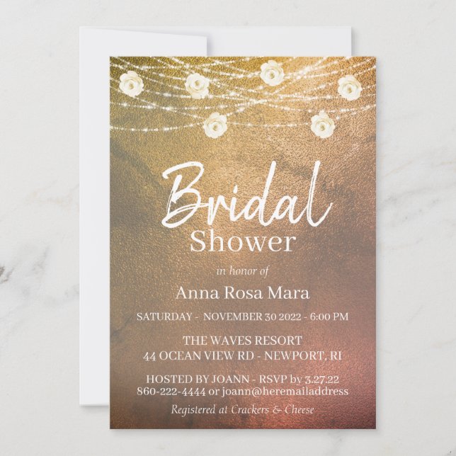 *~* Rustic Bridal Shower White Rose String Lights Invitation (Front)