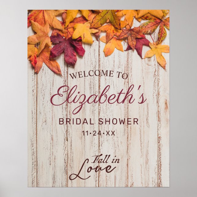 Rustic Bridal Shower Wood Autumn Leaves Poster (Front)