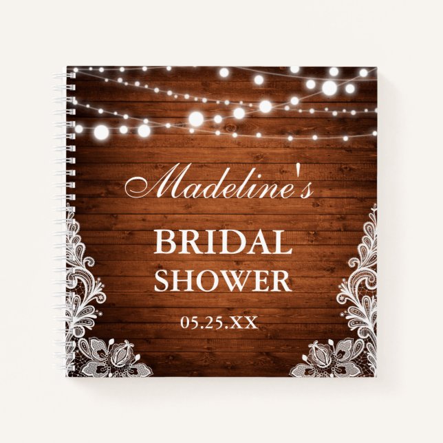 Rustic Bridal Shower Wood Lace Lights Gift List Notebook (Front)
