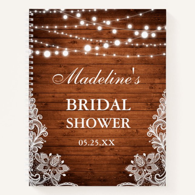 Rustic Bridal Shower Wood Lace Lights Gift List Notebook (Front)