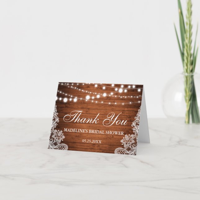 Rustic Bridal Shower Wood Lace Thank You Note Card (Front)