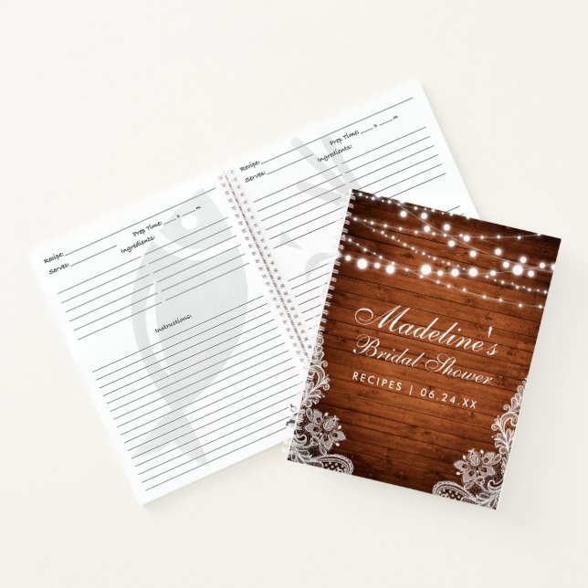 Rustic Bridal Shower Wood Lights Lace Recipe Notebook (Inside)
