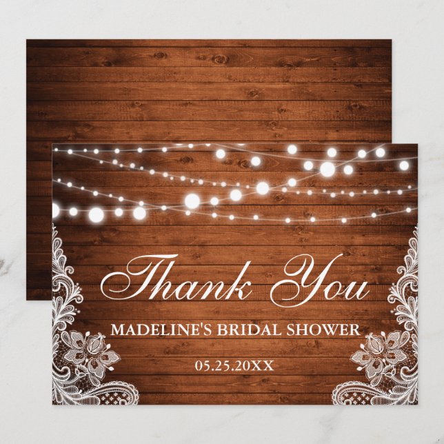 Rustic Bridal Shower Wood Lights Lace Thank You Invitation (Front/Back)