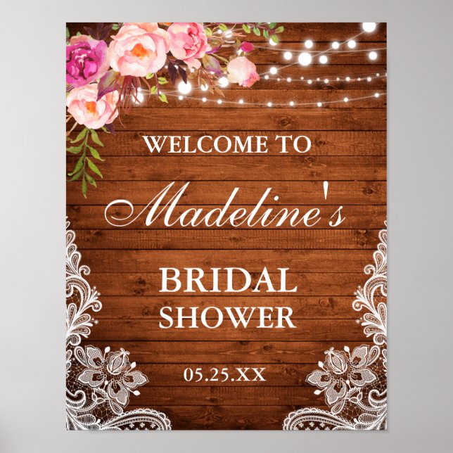 Rustic Bridal Shower Wood Pink Floral Lace Poster (Front)