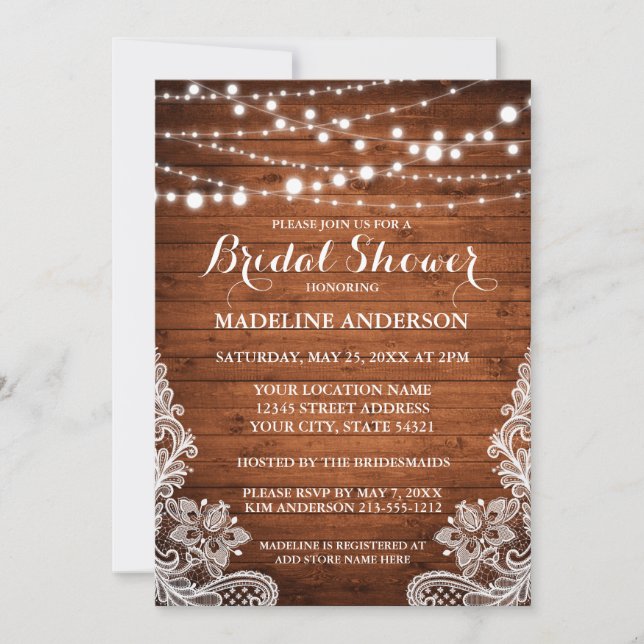 Rustic Bridal Shower Wood String Lights Lace Invitation (Front)