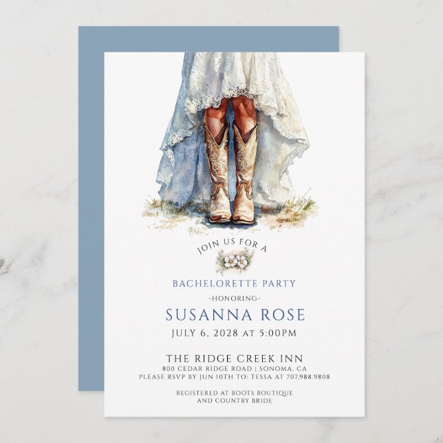 Rustic Bride In Cowgirl Boots Bachelorette Party Invitation (Front/Back)