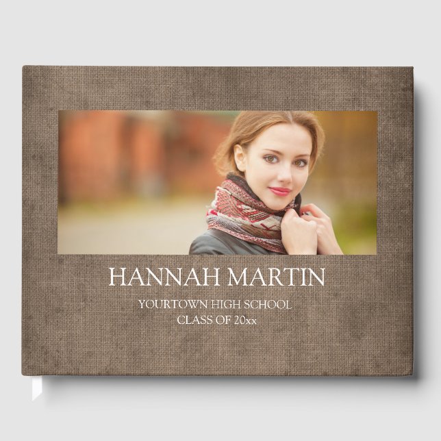 Rustic Brown Aged Burlap Linen Graduation Guest Book (Front)